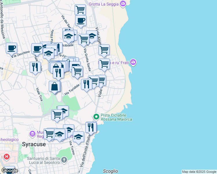 map of restaurants, bars, coffee shops, grocery stores, and more near 21 Via Lombardia in Siracusa