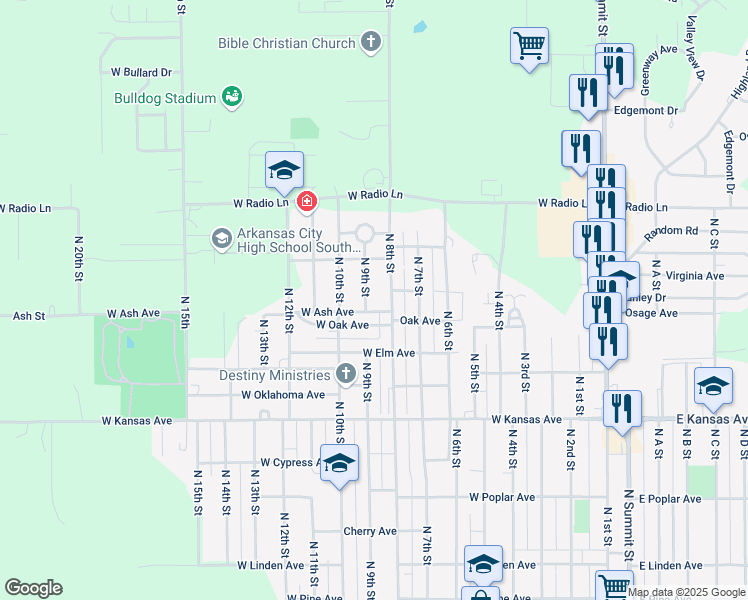 map of restaurants, bars, coffee shops, grocery stores, and more near 910 West Oak Avenue in Arkansas City