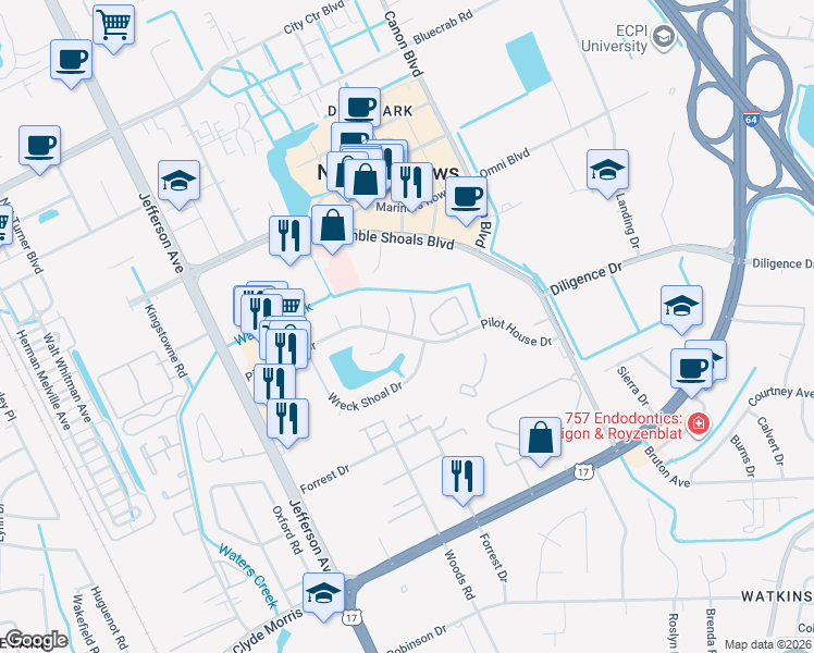 map of restaurants, bars, coffee shops, grocery stores, and more near 101 Beacon Way in Newport News