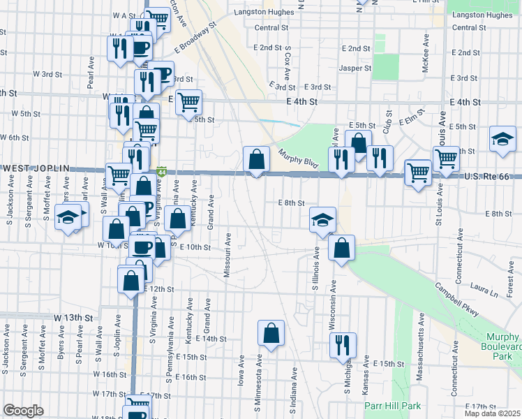 map of restaurants, bars, coffee shops, grocery stores, and more near 806 South Minnesota Avenue in Joplin