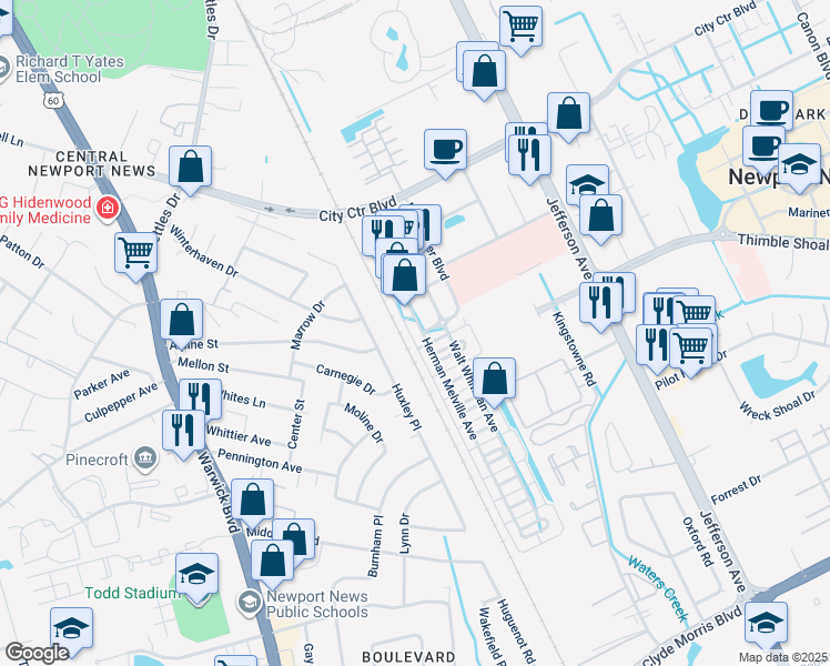 map of restaurants, bars, coffee shops, grocery stores, and more near 213 Herman Melville Avenue in Newport News