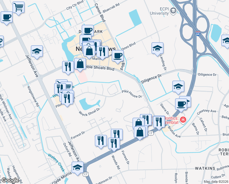 map of restaurants, bars, coffee shops, grocery stores, and more near 209 Nantucket Place in Newport News