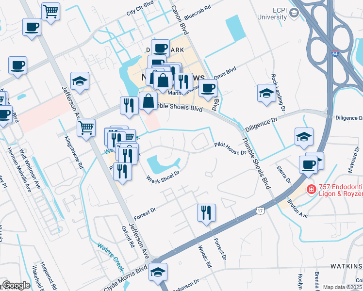 map of restaurants, bars, coffee shops, grocery stores, and more near 101 Beacon Way in Newport News