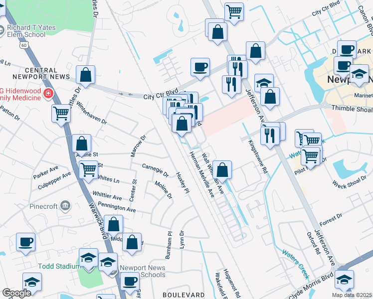 map of restaurants, bars, coffee shops, grocery stores, and more near 213 Herman Melville Avenue in Newport News