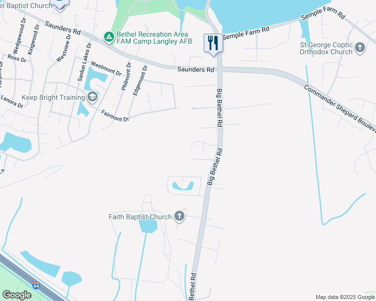 map of restaurants, bars, coffee shops, grocery stores, and more near 28 Welcome Way in Hampton