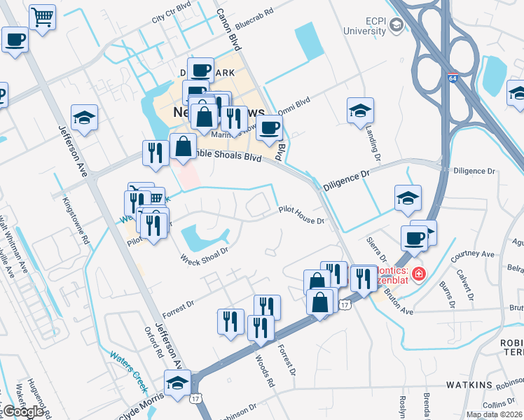 map of restaurants, bars, coffee shops, grocery stores, and more near 209 Nantucket Place in Newport News