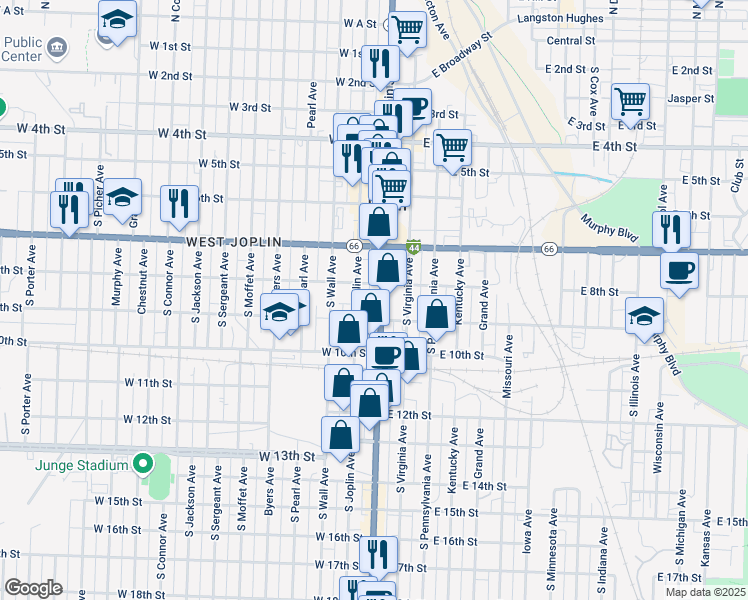 map of restaurants, bars, coffee shops, grocery stores, and more near 814 /816 South Main Street in Joplin