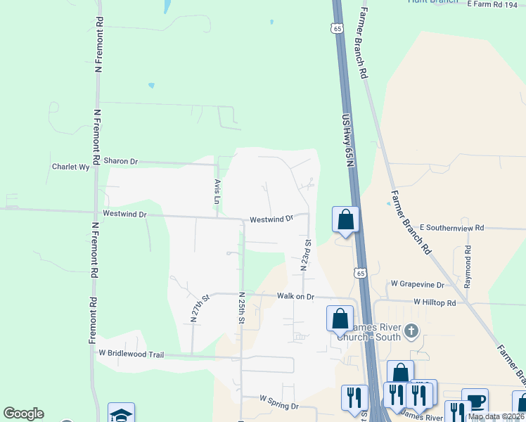 map of restaurants, bars, coffee shops, grocery stores, and more near 5453 North Shadywood Drive in Ozark