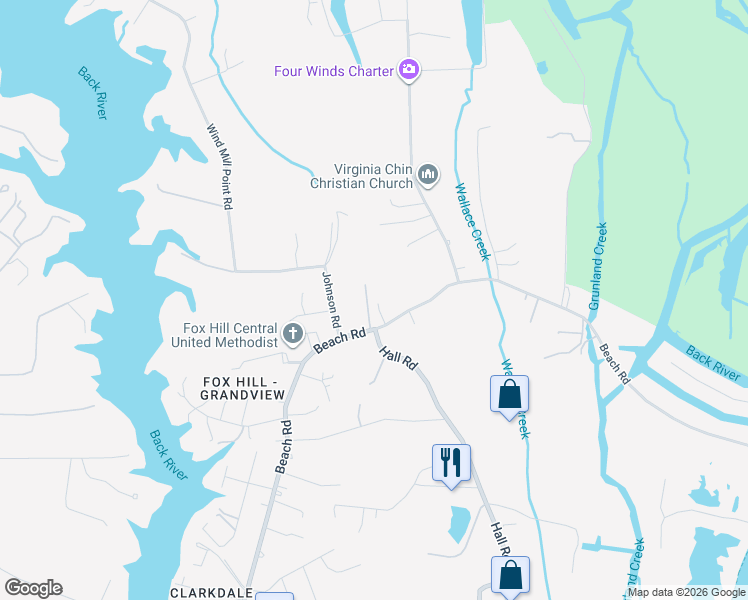 map of restaurants, bars, coffee shops, grocery stores, and more near 705B Beach Road in Hampton