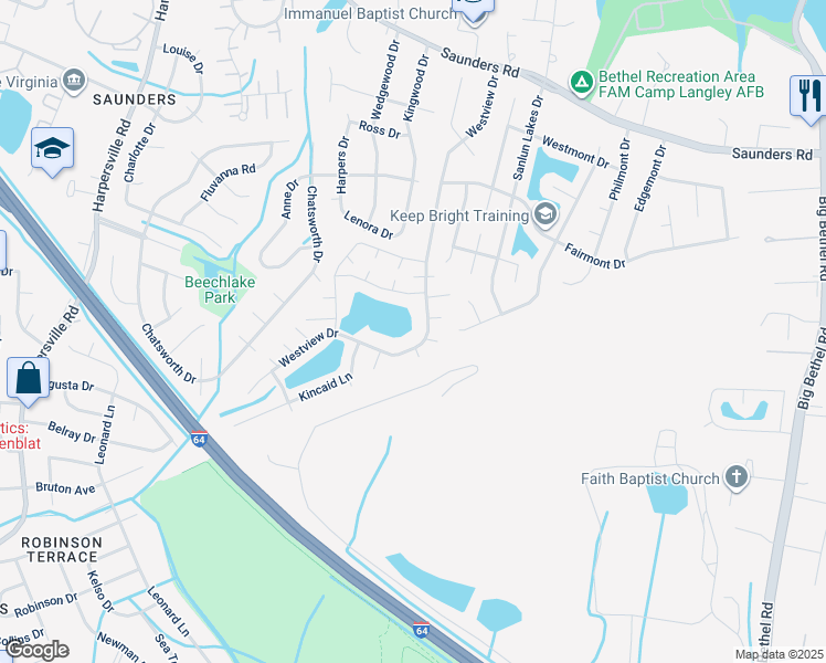 map of restaurants, bars, coffee shops, grocery stores, and more near 128 Westview Drive in Hampton