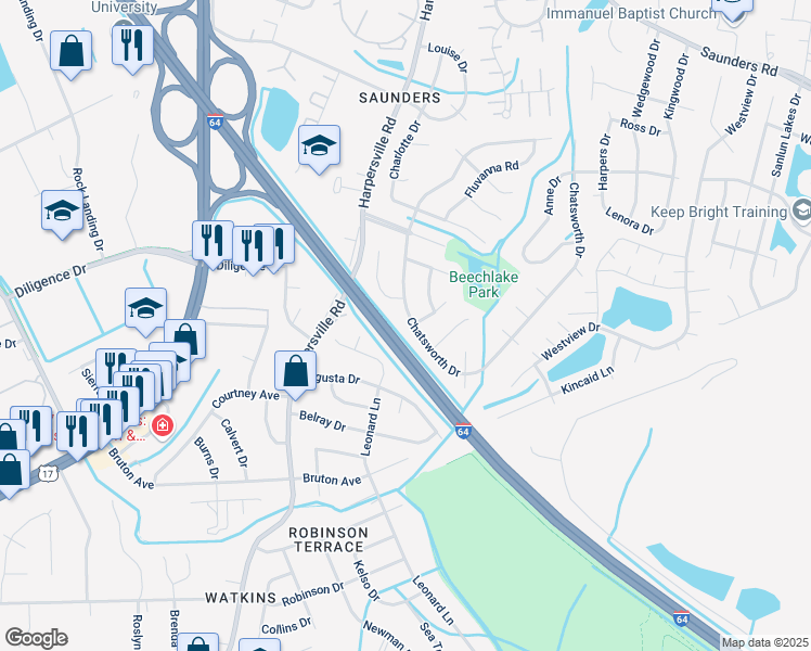 map of restaurants, bars, coffee shops, grocery stores, and more near 819 Chatsworth Drive in Newport News