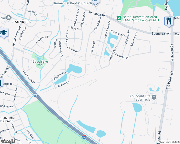 map of restaurants, bars, coffee shops, grocery stores, and more near 5 Sunny Meade Cove in Hampton