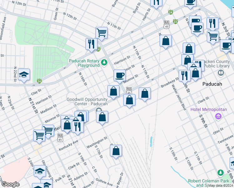 map of restaurants, bars, coffee shops, grocery stores, and more near 217 North 13th Street in Paducah