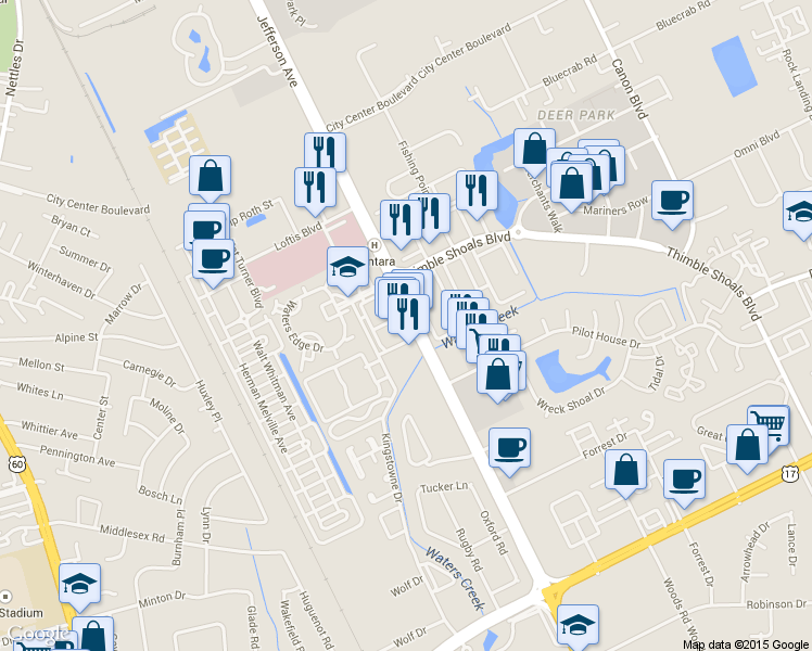 map of restaurants, bars, coffee shops, grocery stores, and more near 11751 Jefferson Ave in Newport News