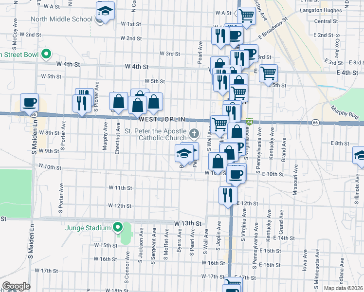 map of restaurants, bars, coffee shops, grocery stores, and more near 725 South Byers Avenue in Joplin