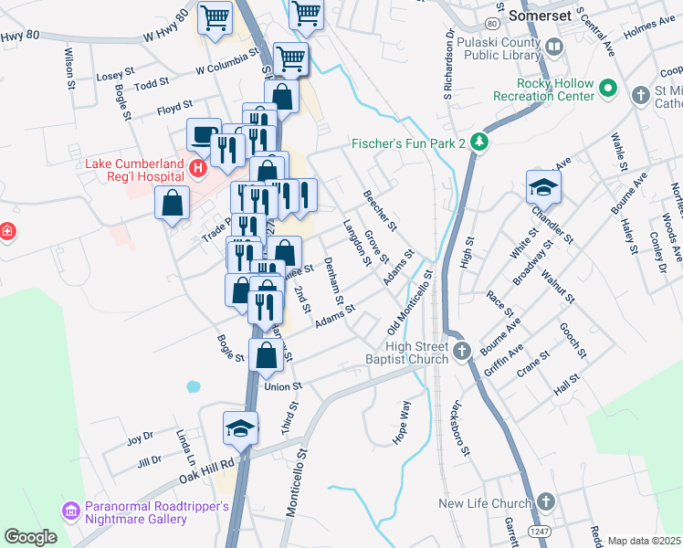 map of restaurants, bars, coffee shops, grocery stores, and more near 369 Denham Street in Somerset