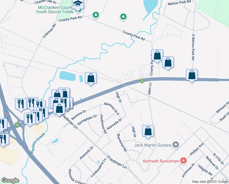 map of restaurants, bars, coffee shops, grocery stores, and more near 3576-3598 Hinkleville Road in Paducah