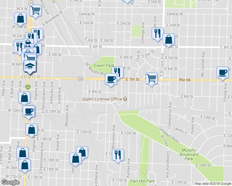 map of restaurants, bars, coffee shops, grocery stores, and more near Wisconsin Avenue in Joplin