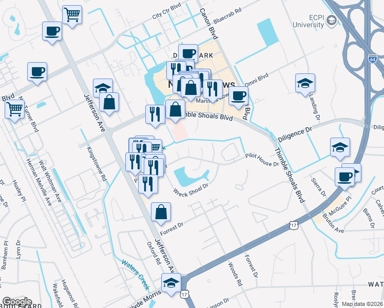 map of restaurants, bars, coffee shops, grocery stores, and more near 9 Deep Water Cove in Newport News