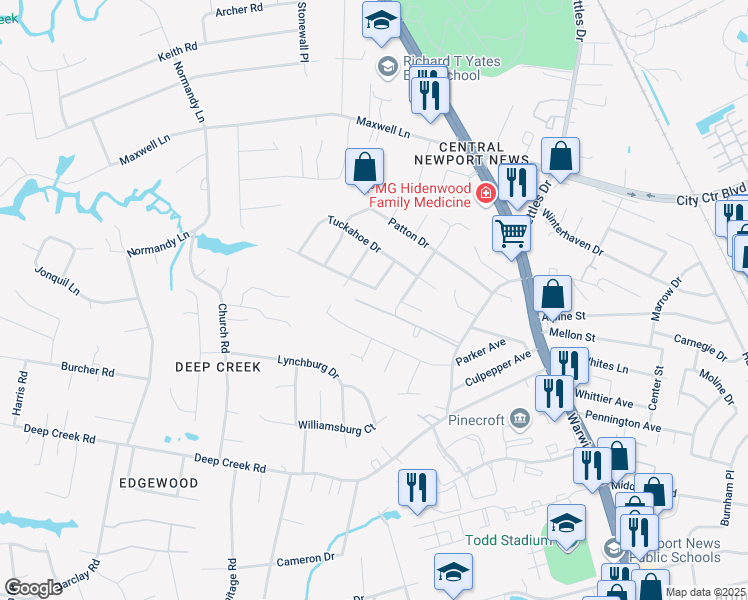 map of restaurants, bars, coffee shops, grocery stores, and more near 16 Indian Springs Drive in Newport News
