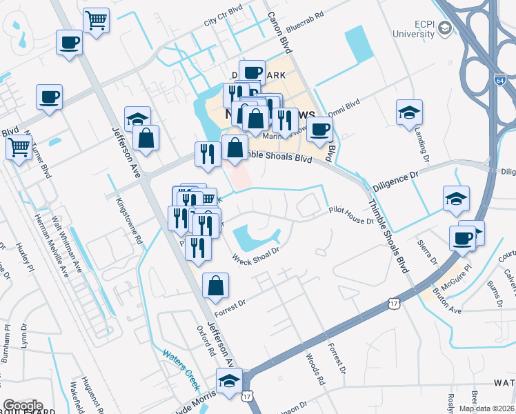 map of restaurants, bars, coffee shops, grocery stores, and more near 9 Deep Water Cove in Newport News