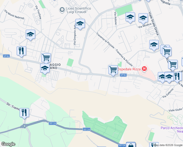 map of restaurants, bars, coffee shops, grocery stores, and more near 106 Viale Epipoli in Siracusa