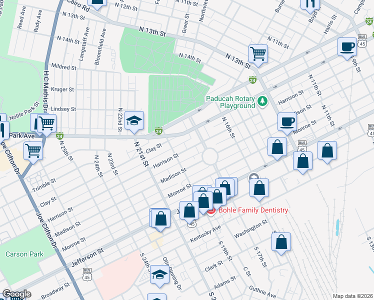 map of restaurants, bars, coffee shops, grocery stores, and more near Harrison Street in Paducah