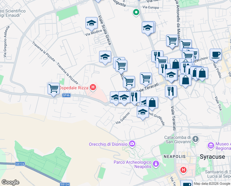map of restaurants, bars, coffee shops, grocery stores, and more near 32 Via di Villa Ortisi in Siracusa