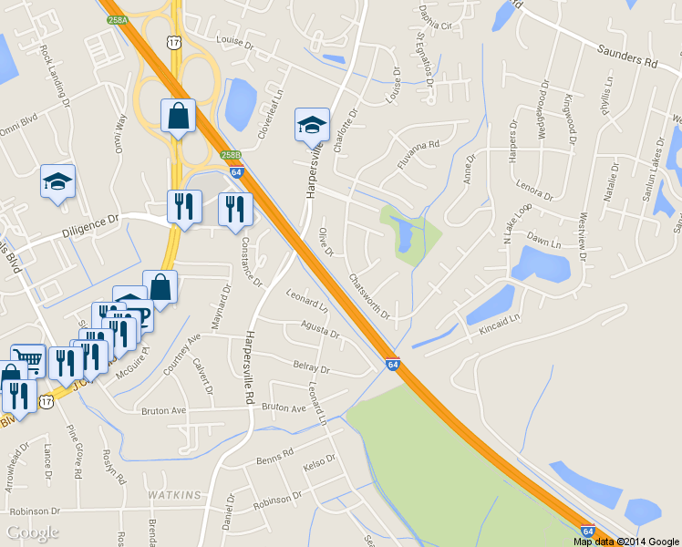 map of restaurants, bars, coffee shops, grocery stores, and more near 821 Chatsworth Dr in Newport News