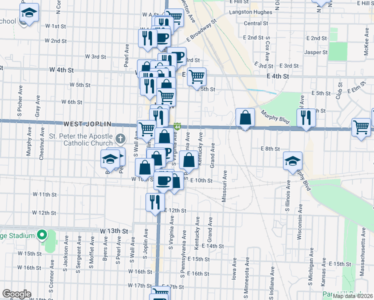 map of restaurants, bars, coffee shops, grocery stores, and more near 727 Virginia Avenue in Joplin