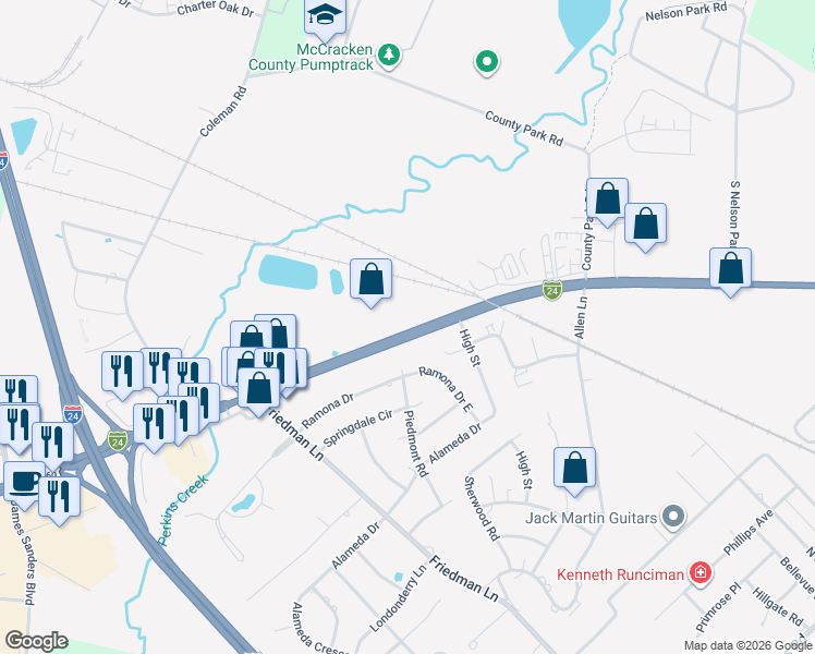 map of restaurants, bars, coffee shops, grocery stores, and more near 3633 Hinkleville Road in Paducah