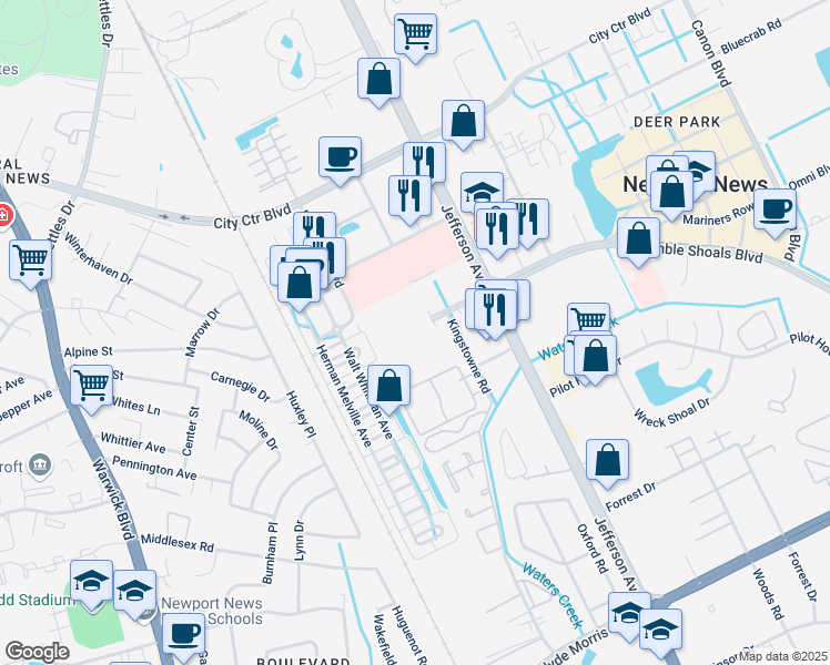 map of restaurants, bars, coffee shops, grocery stores, and more near 515 Waters Edge Drive in Newport News