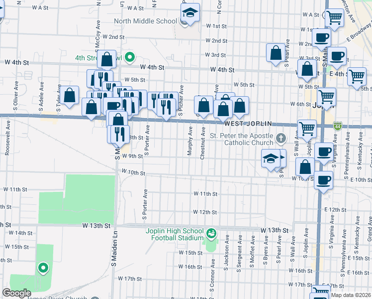 map of restaurants, bars, coffee shops, grocery stores, and more near 1110 West 8th Street in Joplin