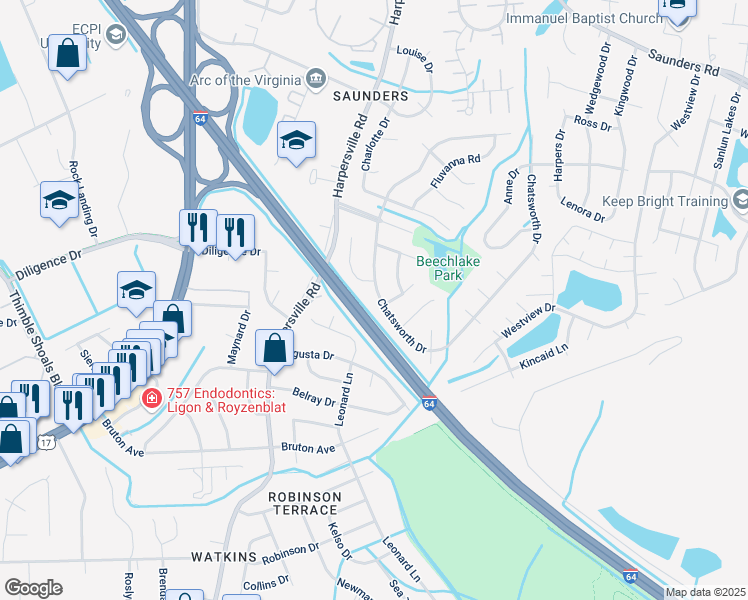map of restaurants, bars, coffee shops, grocery stores, and more near 821 Chatsworth Drive in Newport News