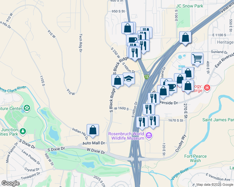 map of restaurants, bars, coffee shops, grocery stores, and more near 1495 South Black Ridge Drive in St. George