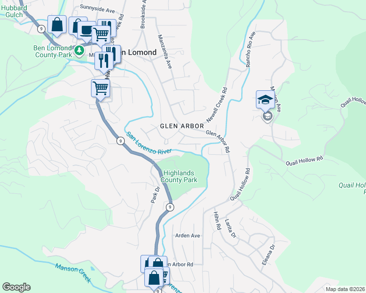 map of restaurants, bars, coffee shops, grocery stores, and more near 171 Riverside Park Drive in Ben Lomond