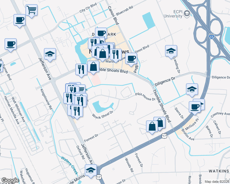 map of restaurants, bars, coffee shops, grocery stores, and more near 30 Lighthouse Way in Newport News