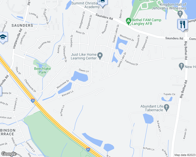 map of restaurants, bars, coffee shops, grocery stores, and more near 114 Sandy Lake Drive in Hampton