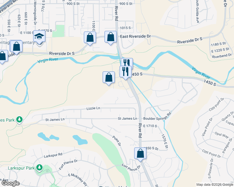 map of restaurants, bars, coffee shops, grocery stores, and more near 1580 S River Rd in St George
