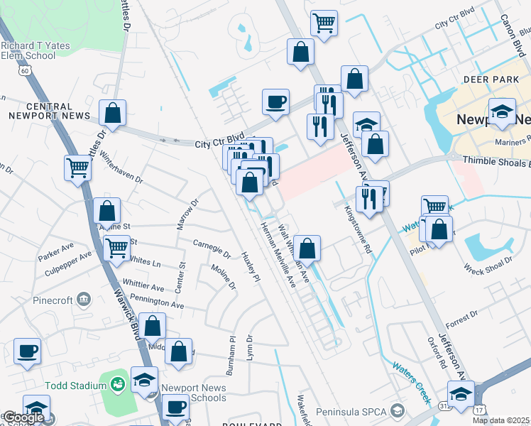 map of restaurants, bars, coffee shops, grocery stores, and more near 2414 William Styron Square South in Newport News