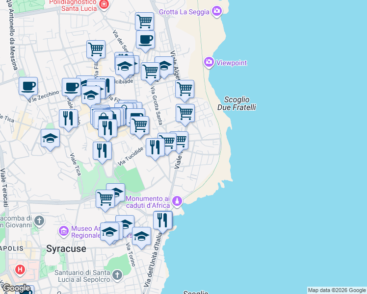 map of restaurants, bars, coffee shops, grocery stores, and more near 65 Via Diodoro Siculo in Siracusa