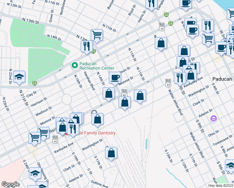 map of restaurants, bars, coffee shops, grocery stores, and more near 217 North 13th Street in Paducah