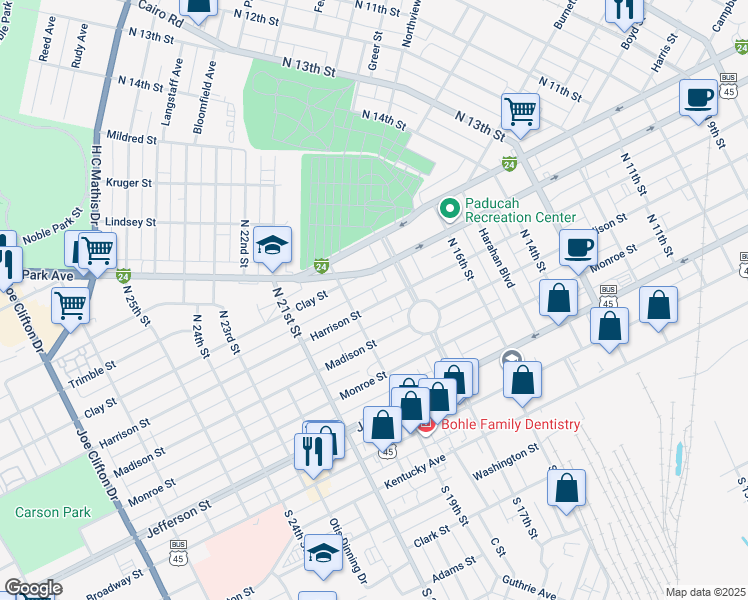 map of restaurants, bars, coffee shops, grocery stores, and more near 1735 Harrison Street in Paducah