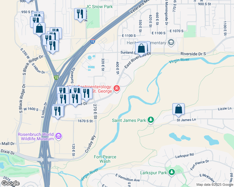 map of restaurants, bars, coffee shops, grocery stores, and more near 377 East Riverside Drive in St. George