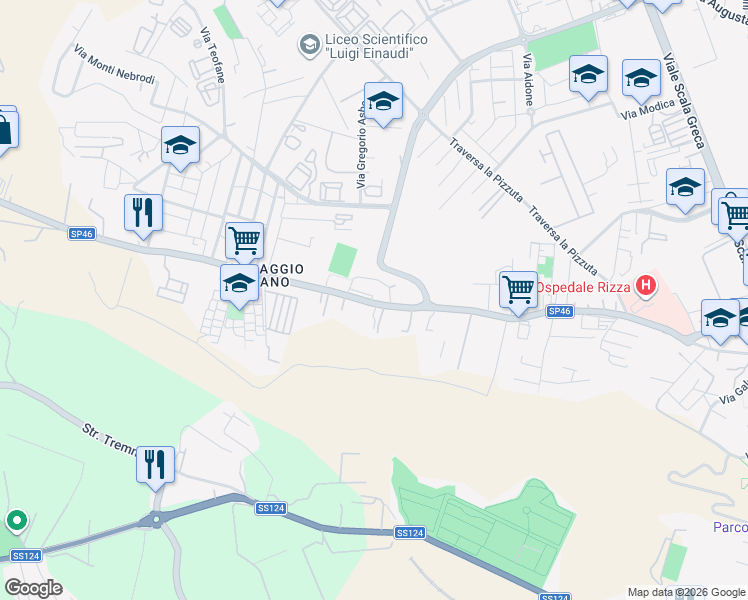 map of restaurants, bars, coffee shops, grocery stores, and more near 106 Viale Epipoli in Siracusa