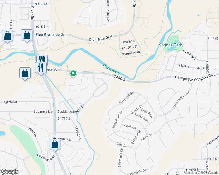 map of restaurants, bars, coffee shops, grocery stores, and more near 1501 Boulder Mountain Road in St. George