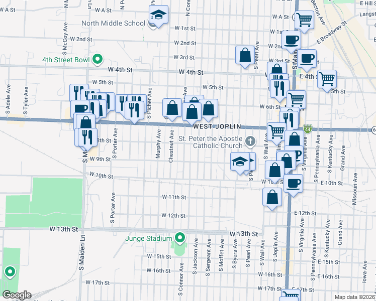 map of restaurants, bars, coffee shops, grocery stores, and more near 810-898 West 8th Street in Joplin