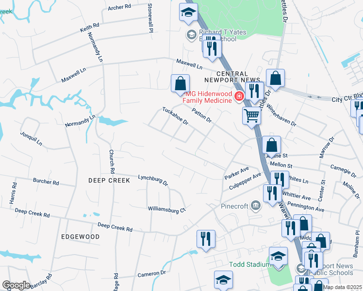map of restaurants, bars, coffee shops, grocery stores, and more near 15 Indian Springs Drive in Newport News