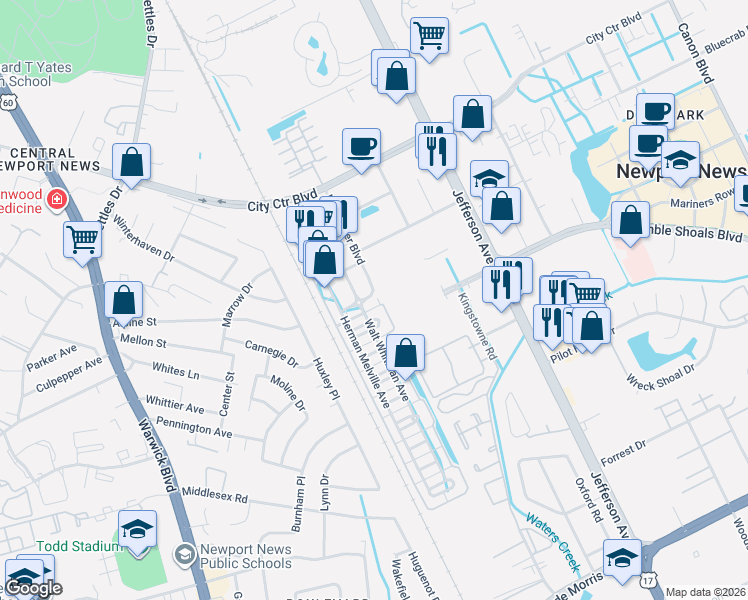 map of restaurants, bars, coffee shops, grocery stores, and more near 1100 William Styron Square South in Newport News