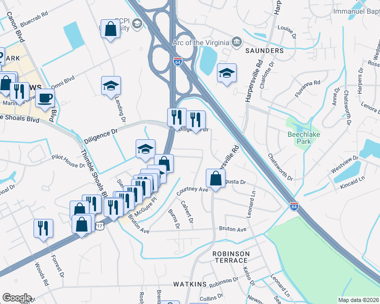 map of restaurants, bars, coffee shops, grocery stores, and more near 826 J Clyde Morris Boulevard in Newport News